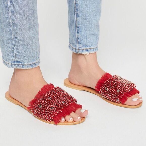 Free People Padded Slide Sandal Dark Red Suede Beaded Fringe Sandals Size 40 - Picture 1 of 10